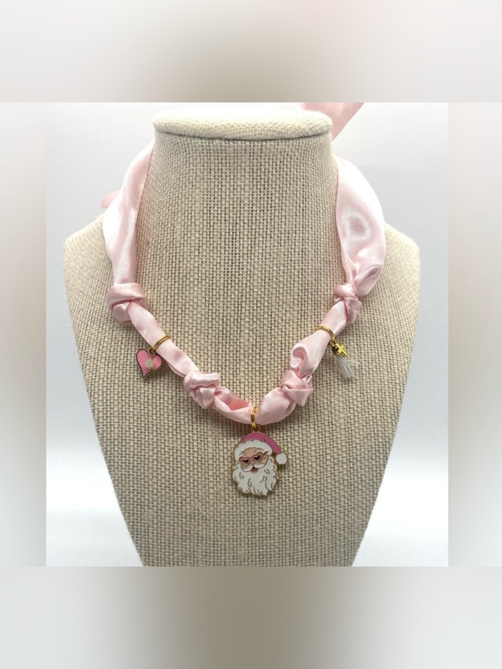 Pink Satin Scarf Necklace Gold Charms Boho Preppy Cottagecore Christmas Festival